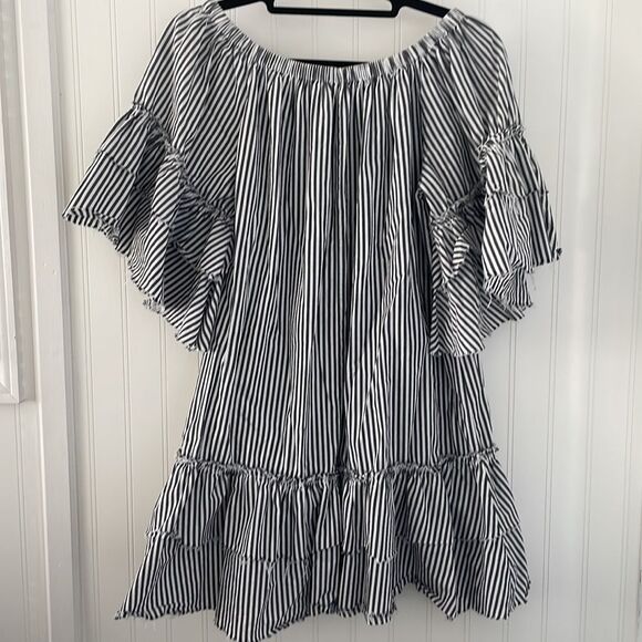 ZARA Woman Premium Denim Collection off-the-shoulder flounced dress raw‎ hem M - Picture 5 of 11